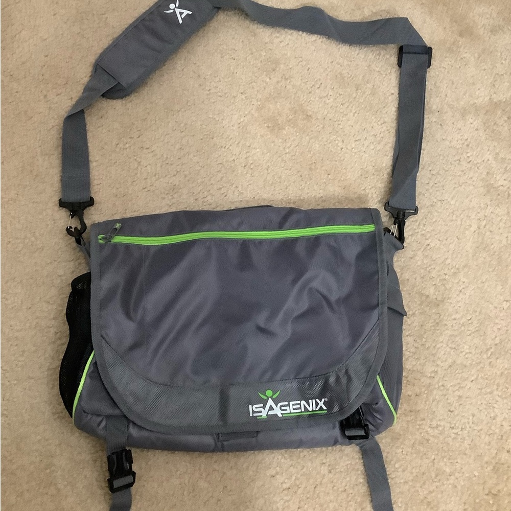 Gray and Green Messenger Bag with Adjustable Strap and Water-Resistant Fabric